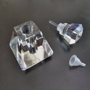 Pretty glass perfume holder with dabber and funnel for filling.  New, never used